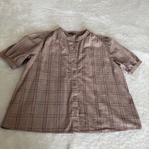 The Limited Tan Neutral Plaid Button Down Short Sleeve Dress Shirt size Large